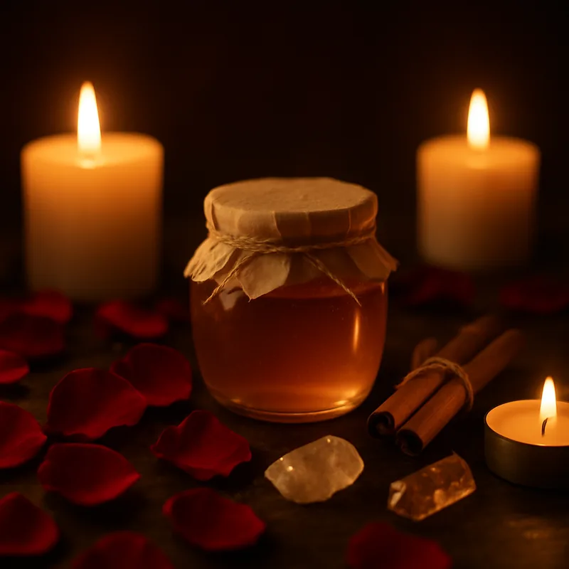 Ritual espiritual com velas, mel e cristais usado nos trabalhos de Mãe Zoraia