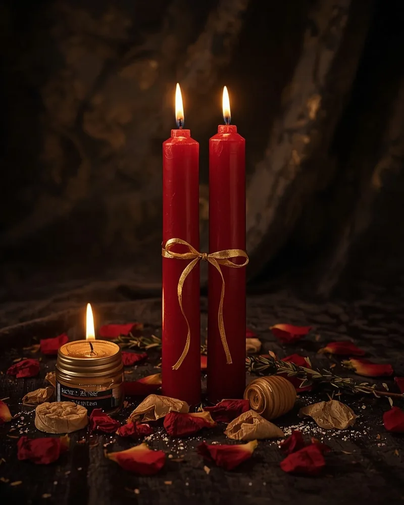 Velas vermelhas unidas por fita dourada, ritual de harmonização amorosa